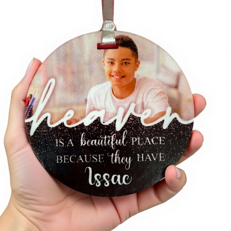 Memorial Photo Ornament – Personalised Christmas Keepsake (80mm Acrylic, Glitter Base)