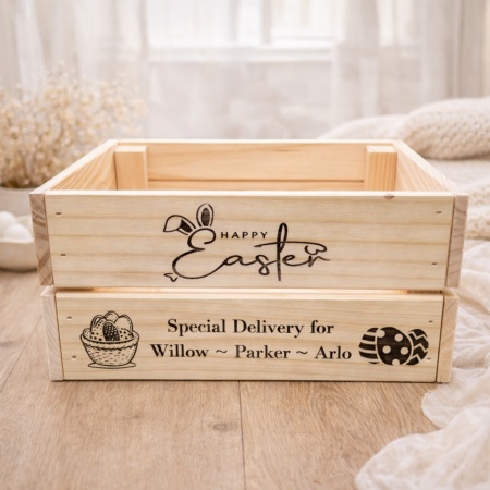 Personalised “Happy Easter” Engraved Pine Crate (310×230×150 mm)