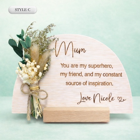 Personalised Engraved Mother’s Day Plaque with Mini Bouquet – Wooden Keepsake Gift for Mum