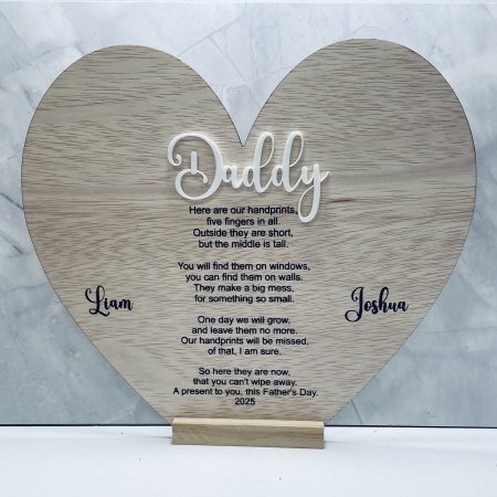 Personalised Father’s Day Handprint Heart Plaque – Custom Wooden Gift from Kids