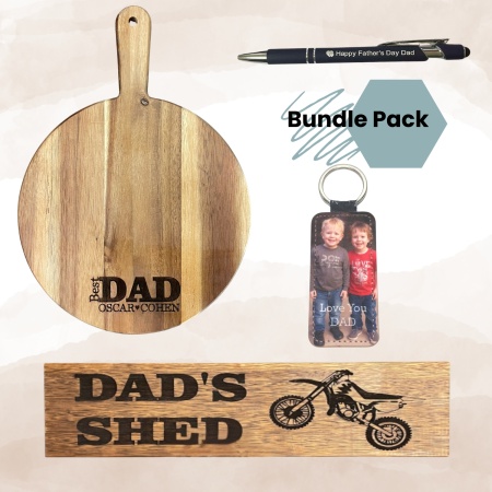 Father’s Day Personalised Gift Bundle – Chopping Board, Keyring, Pen and Shed Sign