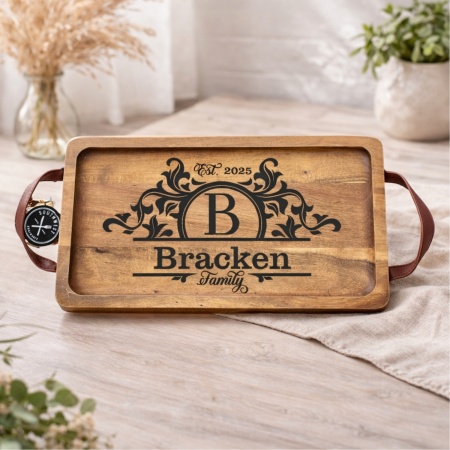 Personalised Monogram Wood Serving Tray with Leather Handles