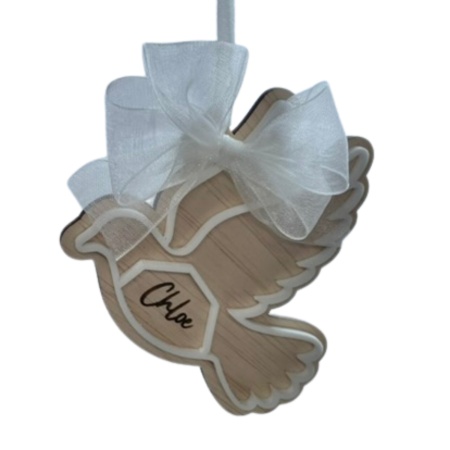 Dove Memorial Ornament – Personalised Name, Bow and Ribbon, Laser-Cut Wood