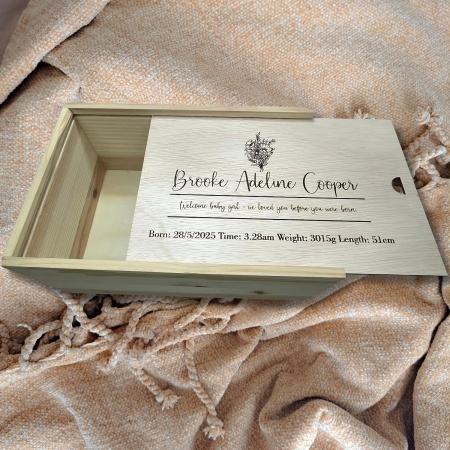 Personalised Baby Keepsake Box | Baby Shower Gift | Engraved Sliding-Lid Wooden Box | 3 Designs