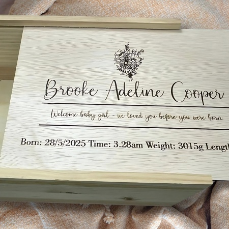 Personalised Baby Keepsake Box | Baby Shower Gift | Engraved Sliding-Lid Wooden Box | 3 Designs