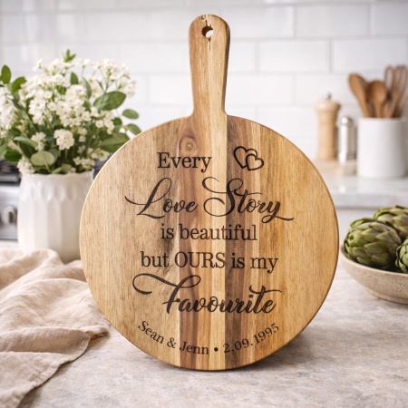 Personalised Acacia Paddle Serving Board – “Every Love Story” – 350×250 mm