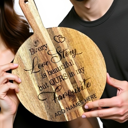 ersonalised Acacia Paddle Serving Board – “Every Love Story” – 350×250 mm