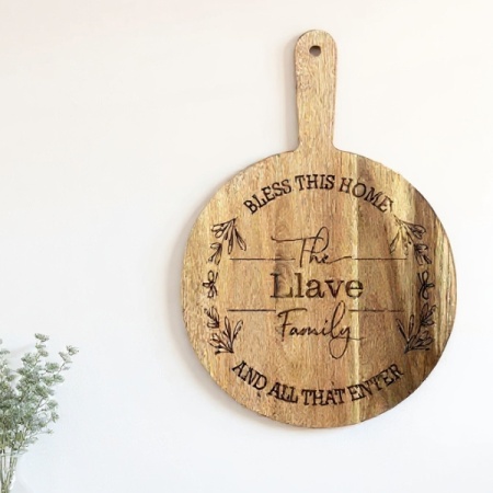 Personalised Acacia Paddle Serving Board – “Bless This Home” – 350×250 mm