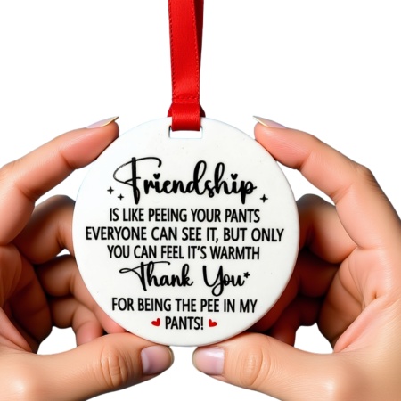 Personalised Friendship Ornament – 80 mm (Funny “Pee in My Pants” Quote)