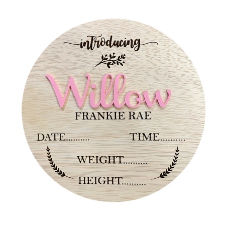 Personalised Baby Name Announcement Disc – Custom Acrylic and Engraved Wood