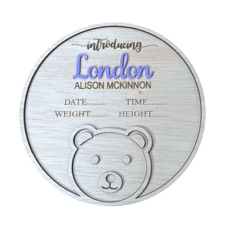 Personalised Baby Announcement Plaque – Wooden Bear Design