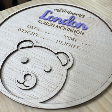 Personalised Baby Announcement Plaque – Wooden Bear Design