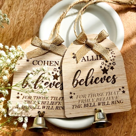 Personalised “Believes” Christmas Bell Ornament – Custom Name Wooden Tag