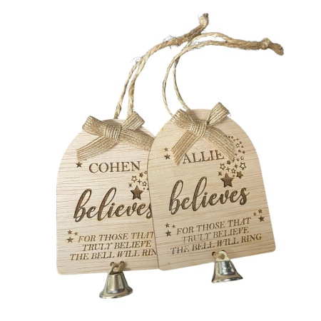 Personalised “Believes” Christmas Bell Ornament – Custom Name Wooden Tag