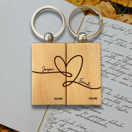 Personalised Couples Keyring – Engraved Wooden Set