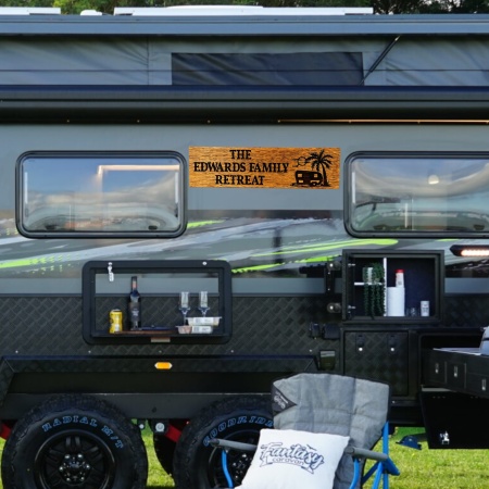 Personalised Caravan and Retreat Sign – Custom Family Name | Laser Engraved Timber