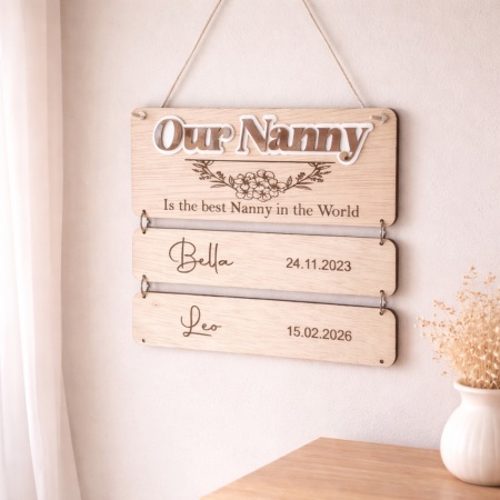 Personalised Grandchildren Birthday Hanging Plaque – Engraved Wooden Keepsake for Nanny, Grandma or