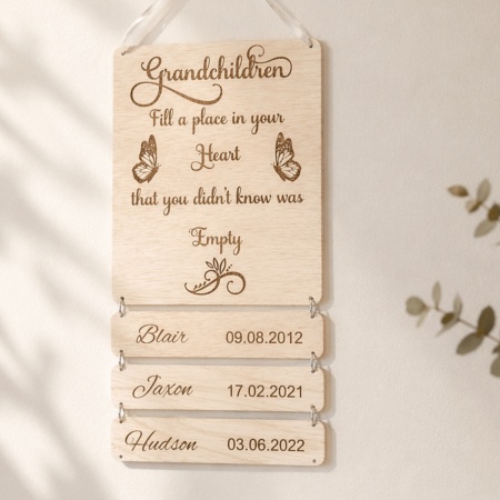 Personalised Grandchildren Name Plaque with Birth Dates | Custom Grandma, Nanna or Mum Gift | Wooden