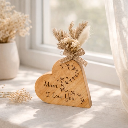 Personalised Wooden Heart Block with Dried Flowers Gift for Mum or Nan