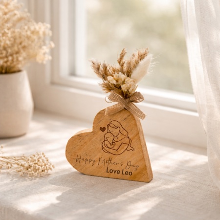 Mother’s Day Personalised Wooden Heart Block with Dried Flowers Gift