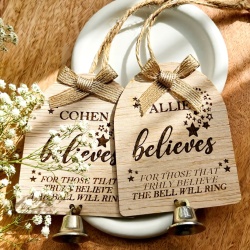 Personalised “Believes” Christmas Bell Ornament – Custom Name Wooden Tag