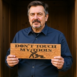 Don&rsquo;t Touch My Tools Sign &ndash; Engraved Hardwood Workshop Sign